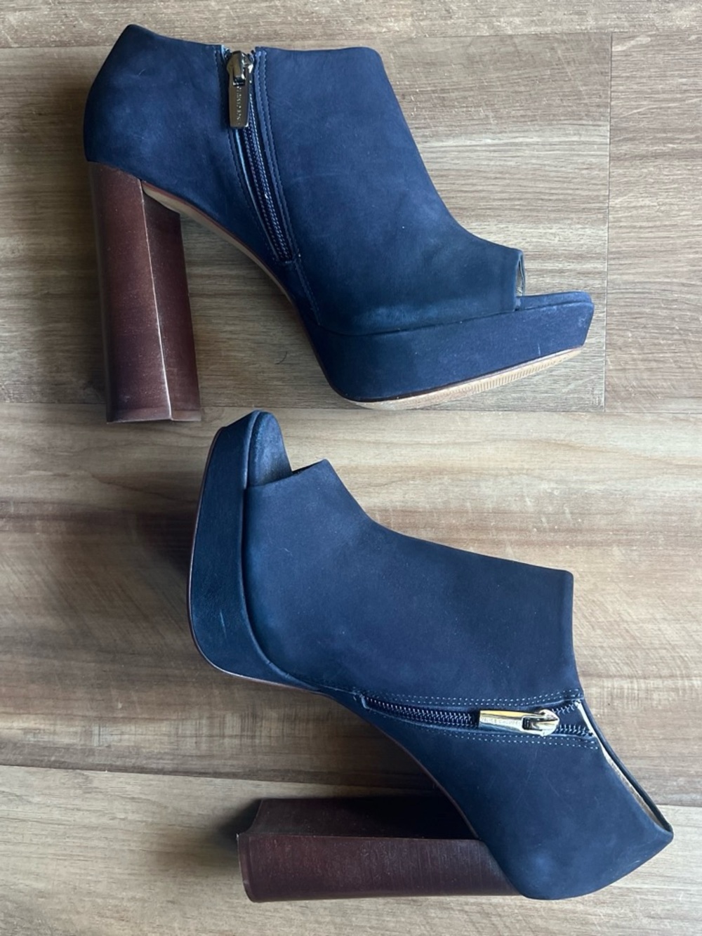Vince Camuto Navy Suede Peep-Toe Platform Ankle Booties